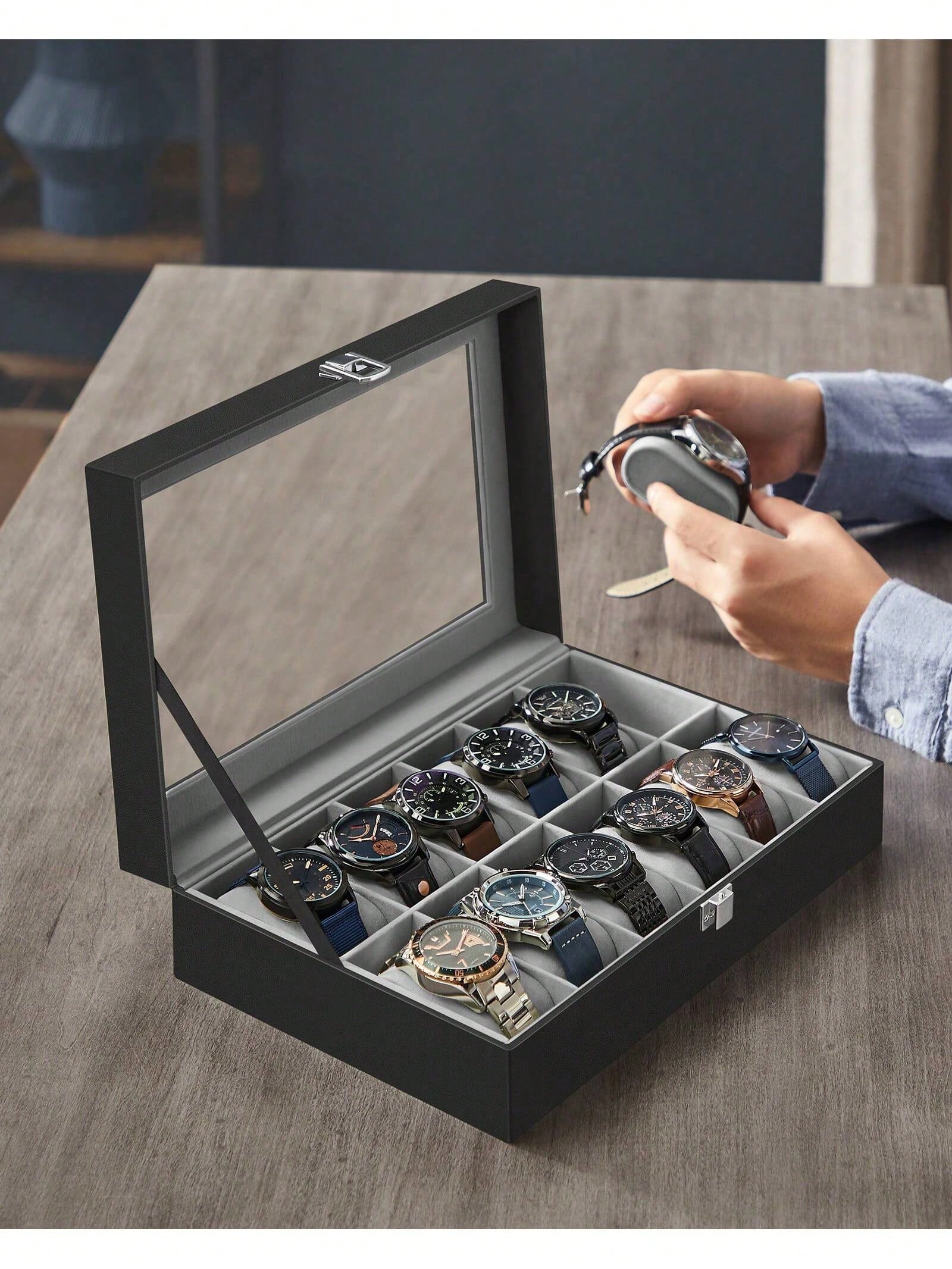 12-Slot Lockable Watch Box wit - Leather Watch Strap 评论和价格