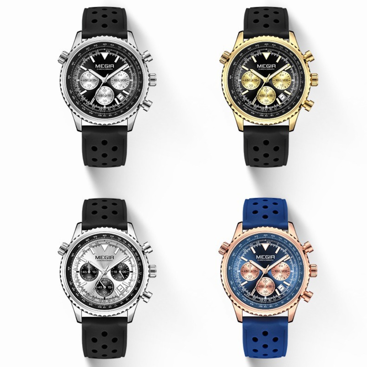 MEGIR Silver Black Quartz Watc - Leather Watch Strap 评论和价格