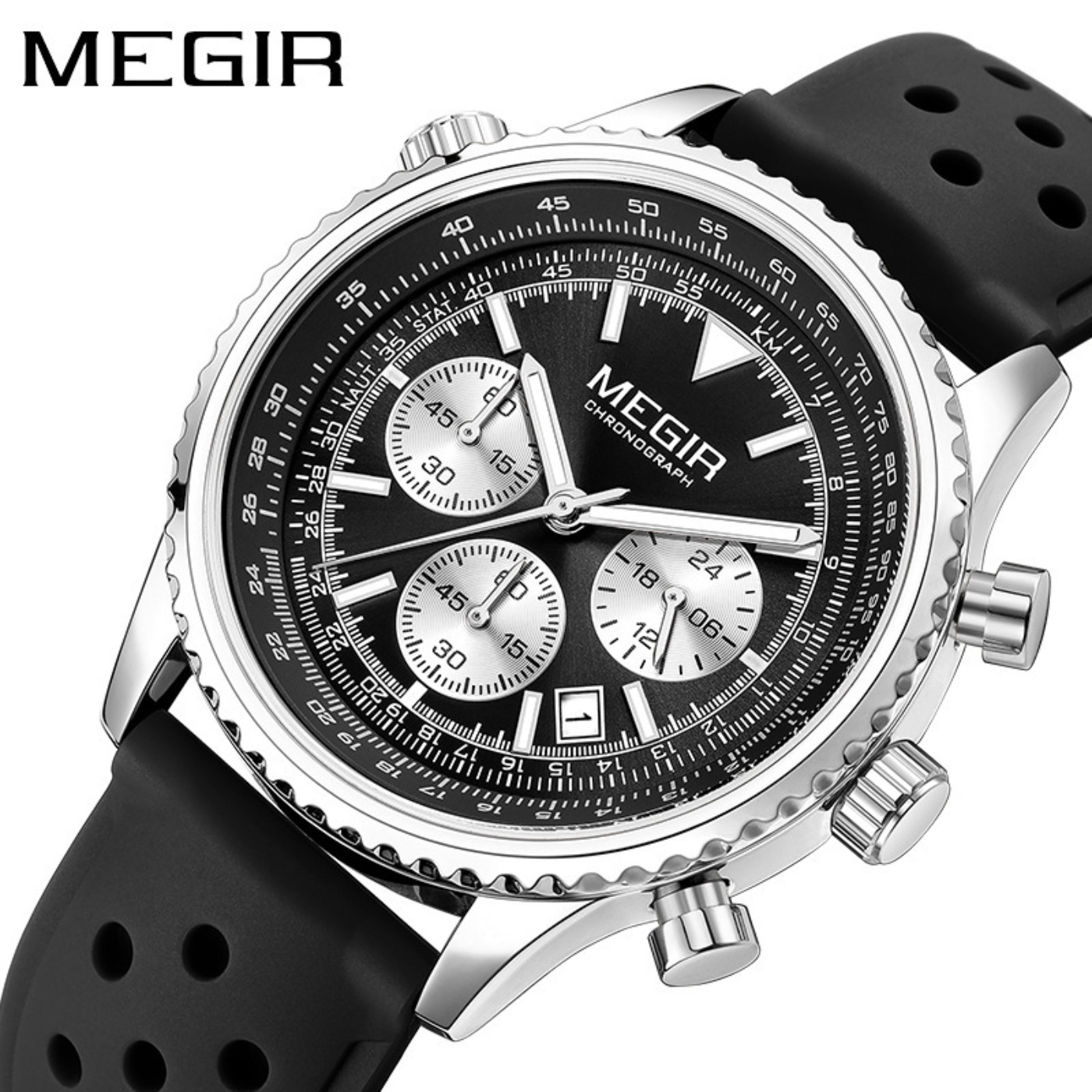 MEGIR Silver Black Quartz Watc - Leather Watch Strap 评论和价格